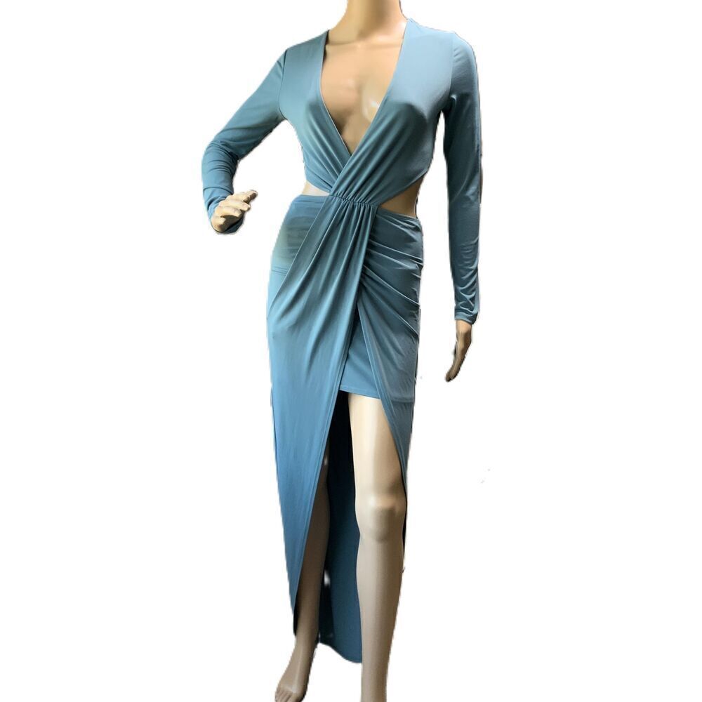 Windsor Blue Cutout Deep V-Neck High Slit Coquette Soft Girl Evening Dress Small